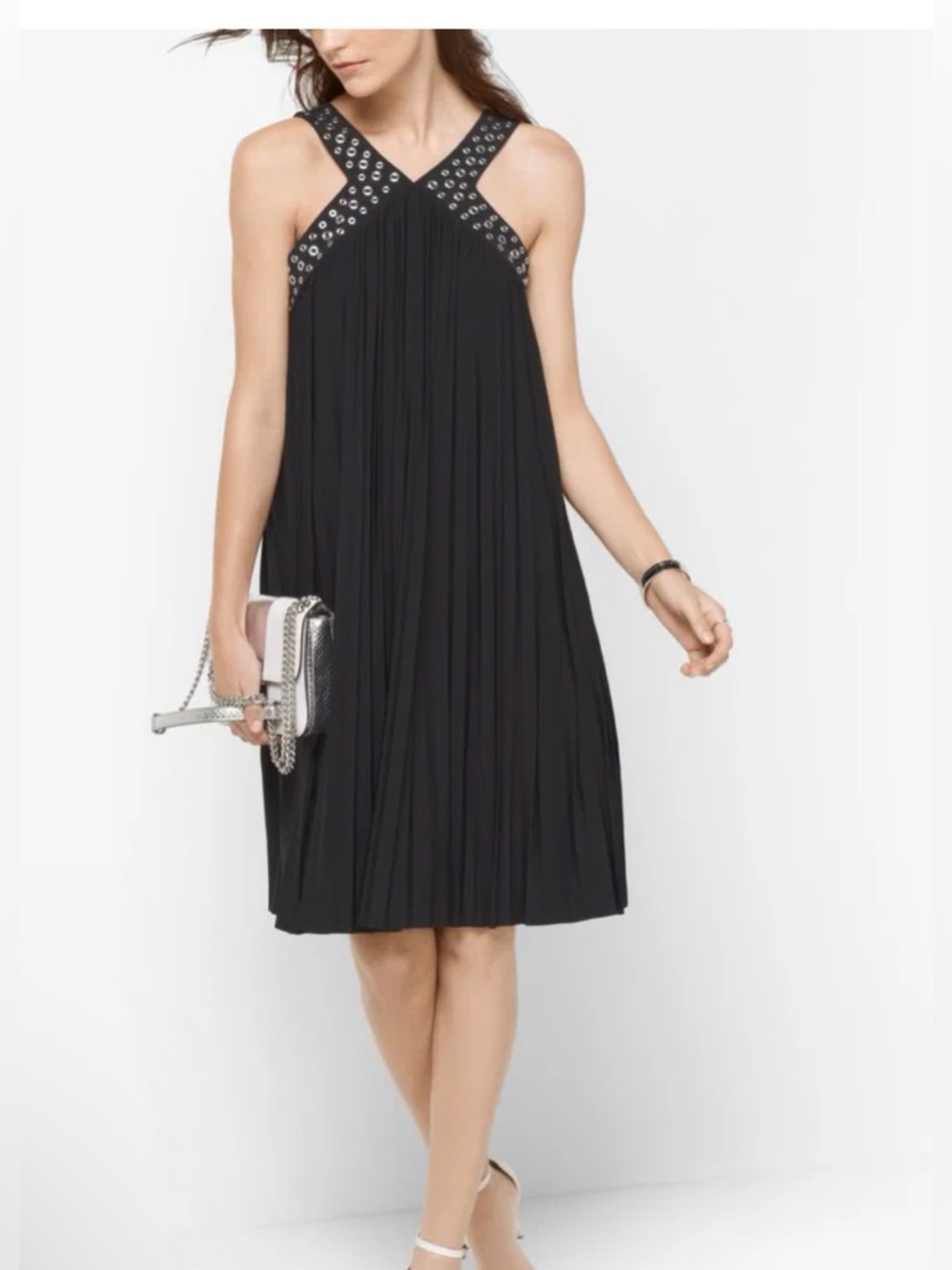 Michael Kors Bllack Stud-Detail Halter Pleated Dress